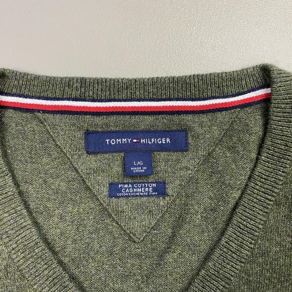 Tommy Hilfiger Cotton Cashmere Sweater Mens Large Forest Green V Neck Pullover - Picture 6 of 8